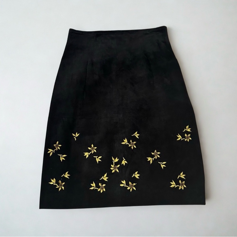 Vtg Black Suede Embroidered Skirt Suit Set Gold Floral Beaded 10 Gothic Romantic - Picture 8 of 13